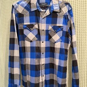 American Eagle Outfitters Blue Black Gray Plaid Button-Up Shirt